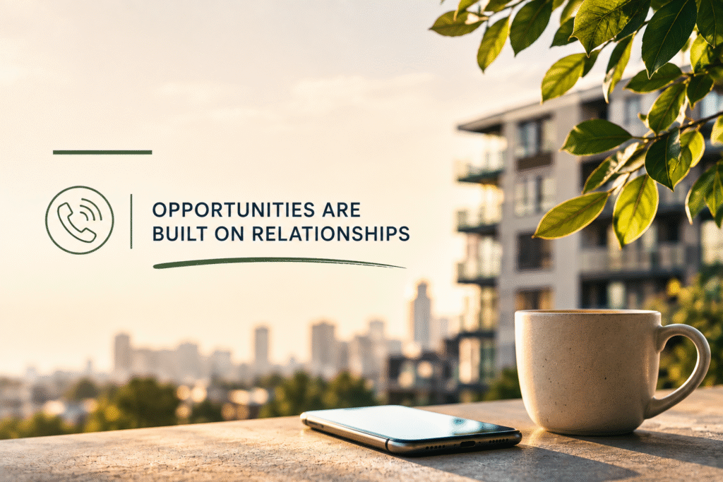 Smartphone and coffee cup on a balcony overlooking apartments, representing relationship building in multifamily investing