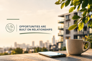 Smartphone and coffee cup on a balcony overlooking apartments, representing relationship building in multifamily investing