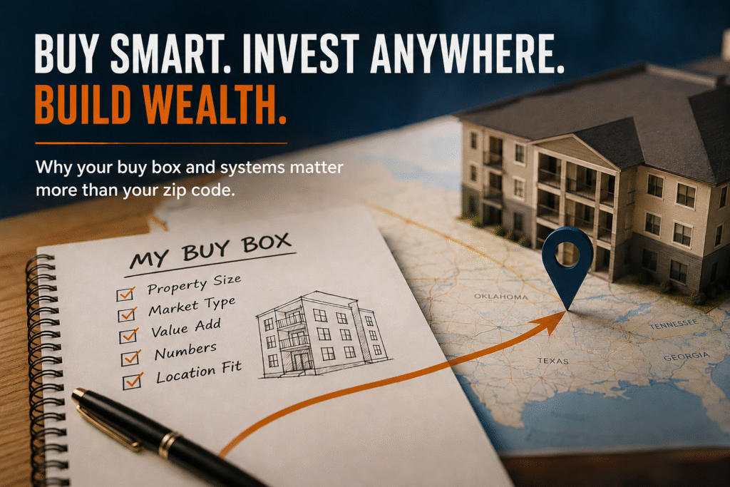 Multifamily real estate investor planning a buy box using a property checklist, map, location pin and apartment building.